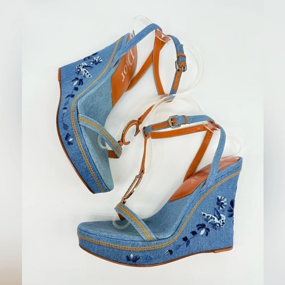 Christian Dior Vintage Denim Leather CD logo floral embroidered wedge heels 38.5